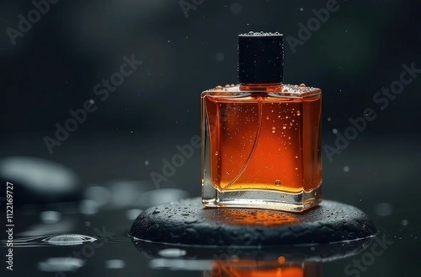 Obraz Perfume bottle on black stone, splashes around. Space for text.