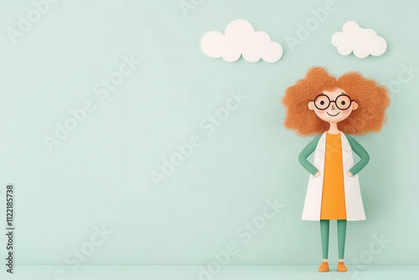 Fototapeta Cartoon Style Illustration of Redheaded Woman Scientist with Glasses in White Coat on Pastel Background with Clouds