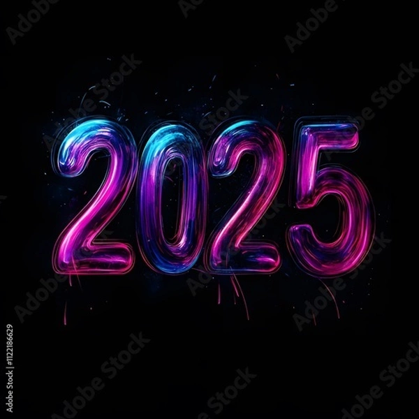Fototapeta new year  2025 with 3D glow in black background ai generative