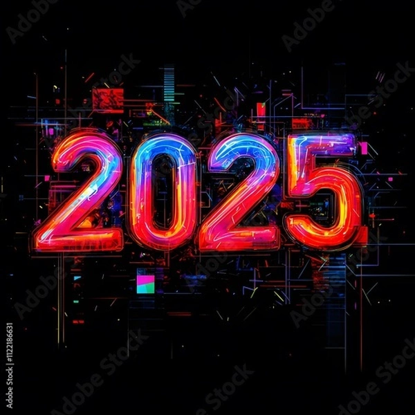 Fototapeta new year  2025 with 3D glow in black background ai generative