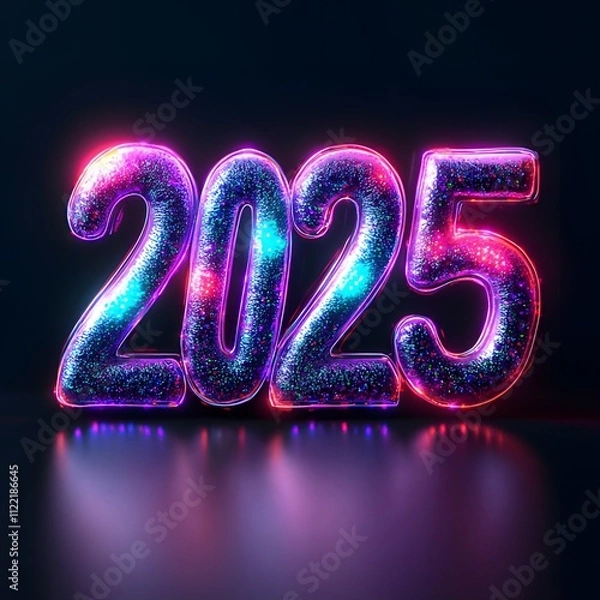 Fototapeta new year  2025 with 3D glow in black background ai generative