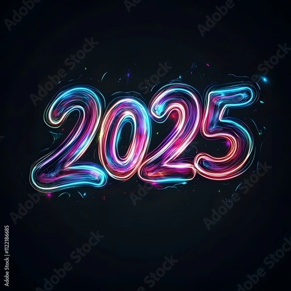 Fototapeta new year  2025 with 3D glow in black background ai generative