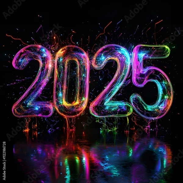Fototapeta new year  2025 with 3D glow in black background ai generative