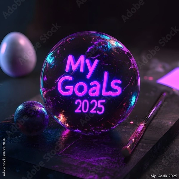 Fototapeta new year  2025 with 3D glow in black background ai generative
