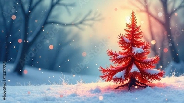 Fototapeta red Festive New Year tree with a star. New Year's winter forest