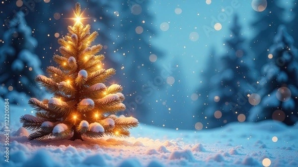 Fototapeta Festive New Year tree with a star. New Year's winter forest