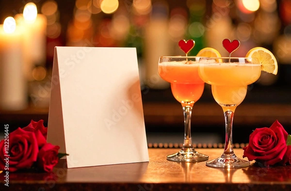 Fototapeta Romantic Bar Setting with Heart-themed Cocktails and menu mockup