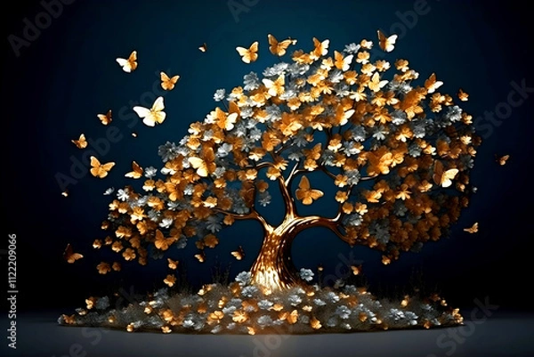 Fototapeta Illustration, 3D art render, dark background, golden butterflies, and an embossed golden tree with flowers.