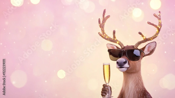 Fototapeta Festive Reindeer wearing sunglasses holds a glass of champagne Cheers to the Holidays Happy New Year, set against a glowing pink bokeh background