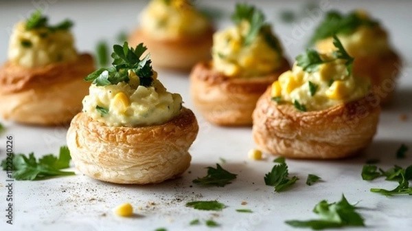 Obraz Vol-au-vent showcases delicate pastry shells filled with creamy, flavorful toppings, garnished with fresh herbs. A delightful appetizer perfect for gatherings and festive occasions.