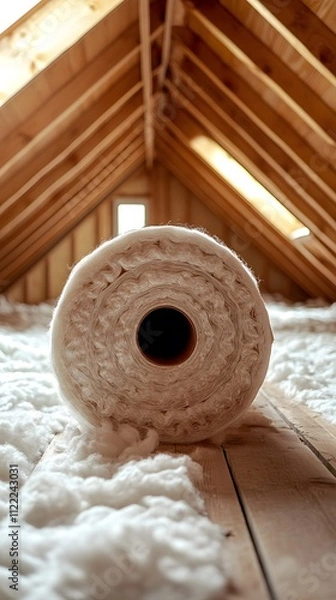 Obraz Thermal insulation materials are crucial for enhancing energy efficiency. This image shows a roll of insulation in a serene attic space, emphasizing warmth and comfort.