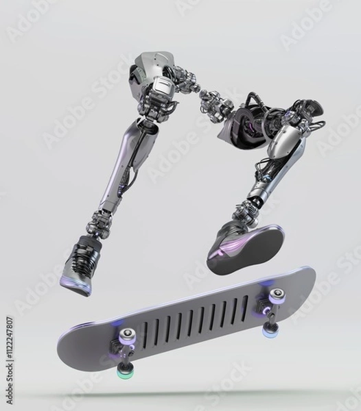 Fototapeta Futuristic robotic legs performing a dynamic skateboard trick showcasing advanced technology and movement against a clean minimalistic background