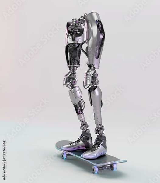 Fototapeta Futuristic robotic legs with metallic design standing on a skateboard with glowing wheels in a modern minimalistic setting