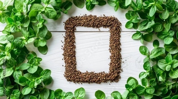 Obraz Zaatar spices are beautifully arranged in a rectangular frame surrounded by fresh green herbs, highlighting their aromatic and earthy qualities in a rustic setting.