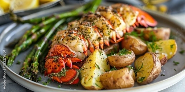 Fototapeta Grilled Lobster Tail with Roasted Potatoes and Asparagus