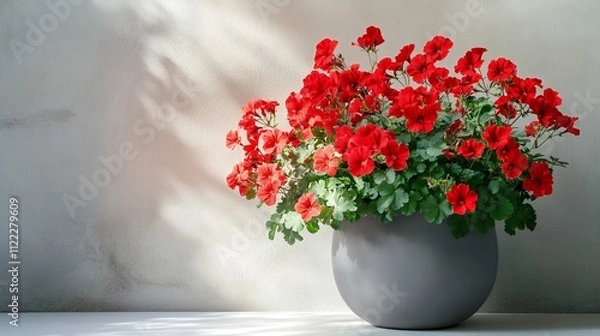 Obraz 鮮やかな赤いゼラニウムが咲くグレーの植木鉢とシンプルな背景 | Vibrant Red Geraniums in a Gray Pot with a Minimalist Background