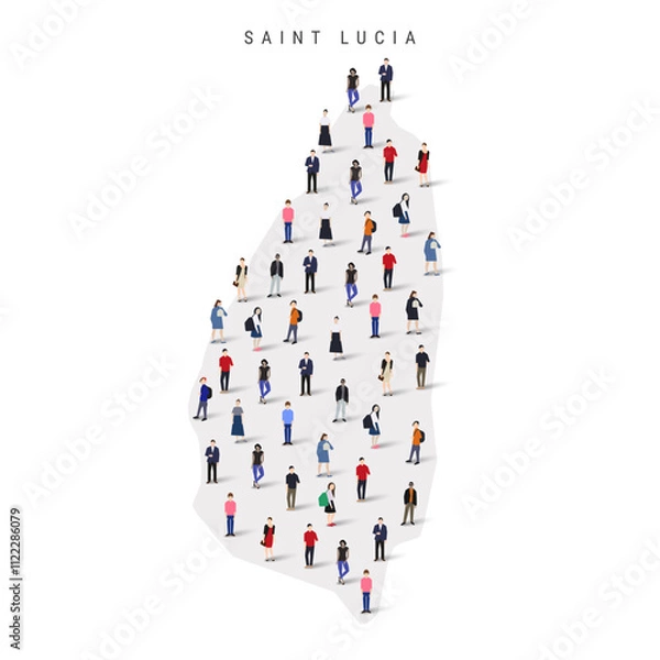 Fototapeta Saint Lucia population map. Large group of realistic a diverse crowd of people figures in a shape of Saint Lucian map. Flat vector illustration isolated on white.