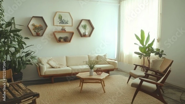 Obraz Bright living room with mid-century modern furniture, plants, and hexagonal shelves.