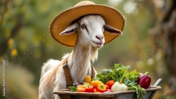 Fototapeta A Goat in a Straw Hat Stands Beside a Wheelbarrow Overflowing With Fresh Vegetables, Embodying a Whimsical Farming Theme