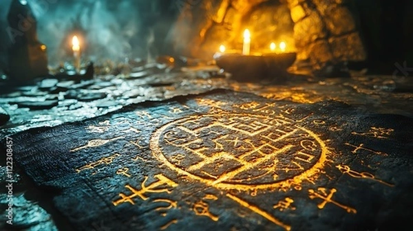 Obraz A hand arranging ancient stone runes on a dark cloth with candlelight in the background