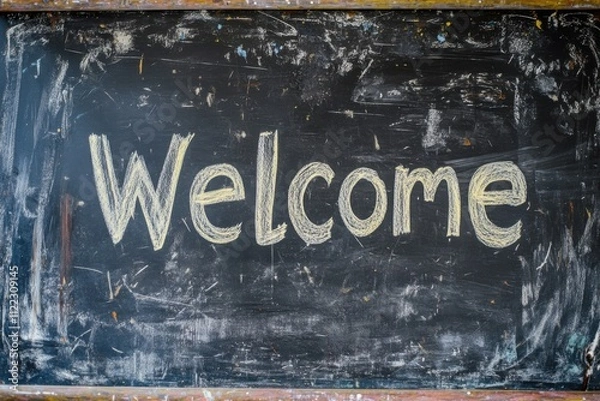 Fototapeta  Chalk Writing of the Word Welcome on Chalkboard  