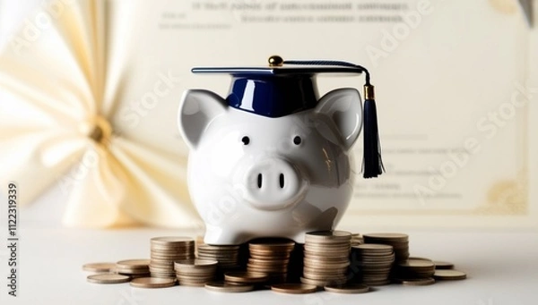 Fototapeta A piggy bank wearing a graduation cap is surrounded by stacked coins, symbolizing educational savings. The pink background adds a cheerful touch, emphasizing financial planning for education.