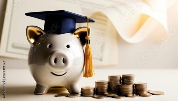 Fototapeta A piggy bank wearing a graduation cap is surrounded by stacked coins, symbolizing educational savings. The pink background adds a cheerful touch, emphasizing financial planning for education.