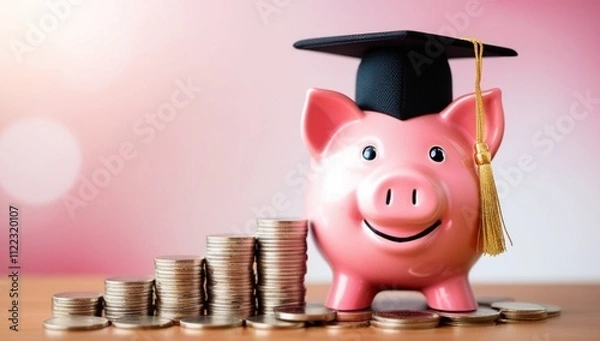 Fototapeta A piggy bank wearing a graduation cap is surrounded by stacked coins, symbolizing educational savings. The pink background adds a cheerful touch, emphasizing financial planning for education.