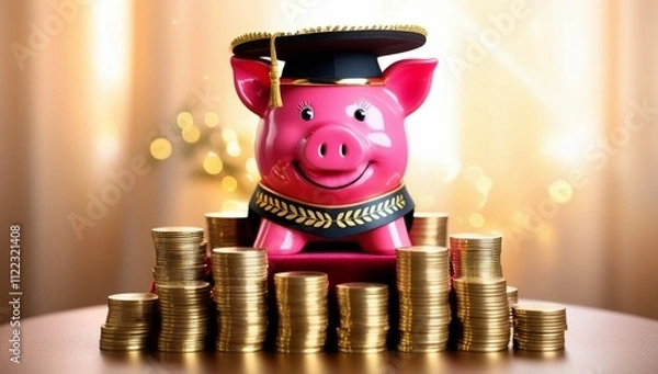 Fototapeta A piggy bank wearing a graduation cap is surrounded by stacked coins, symbolizing educational savings. The pink background adds a cheerful touch, emphasizing financial planning for education.