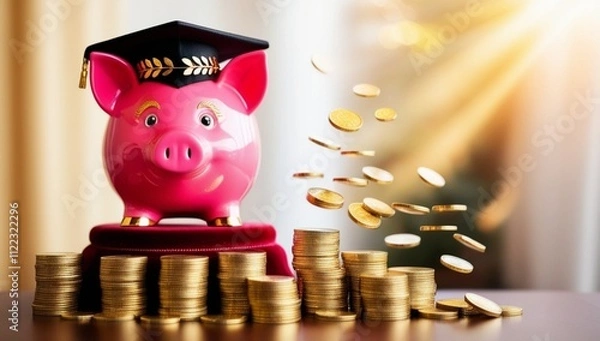 Fototapeta A piggy bank wearing a graduation cap is surrounded by stacked coins, symbolizing educational savings. The pink background adds a cheerful touch, emphasizing financial planning for education.