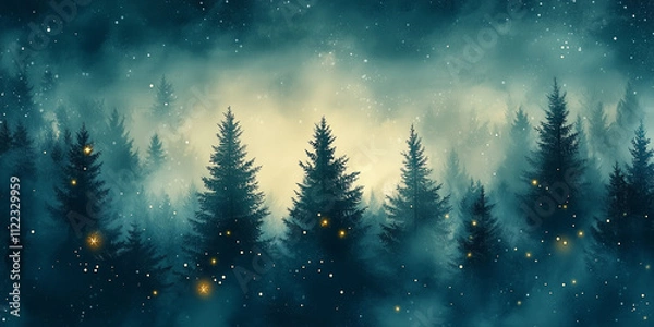 Fototapeta Magical Forest with Christmas trees and shining lights Watercolor Abstract in the style of Christmas cards