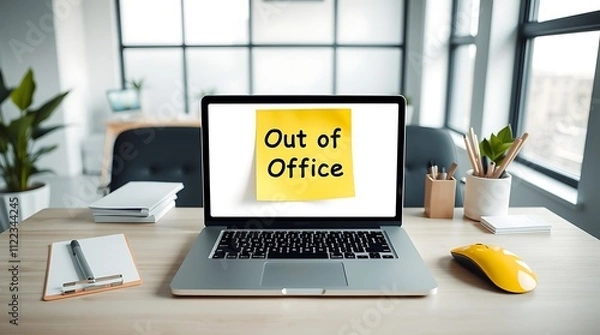 Fototapeta laptop with a sticky note on the screen reading  Out of Office . The bright note stands out against the screen, signaling a break from work or a holiday. Perfect for illustrating office closures
