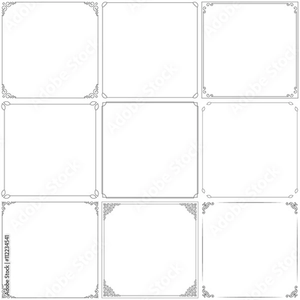 Fototapeta Vector decorative vintage frames. Black contour with swirl angles. Thin line. Isolated on a white background.