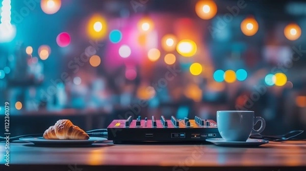Fototapeta Coffee shop with vibrant rave design featuring glowing DJ console, croissant, and coffee cup in a relaxed atmosphere
