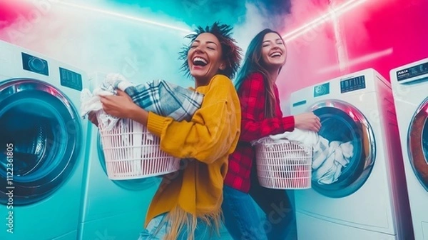 Fototapeta Friends celebrate freedom and fun while dancing in a vibrant laundromat filled with neon lights and laughter