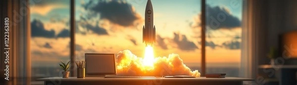 Obraz Energetic rocket soaring into the sky from an office desk, symbolizing the kickoff of a big project, Rocket launch, Business growth
