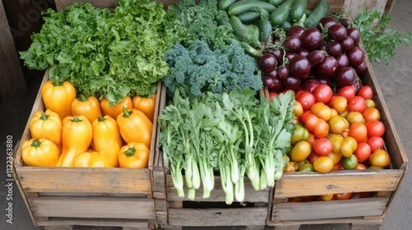 Fototapeta Fresh and Colorful Assortment of Vegetables in Wooden Crates Featuring Bell Peppers, Leafy Greens, Tomatoes, and Cucumbers for Healthy Eating and Organic Lifestyle Promotion