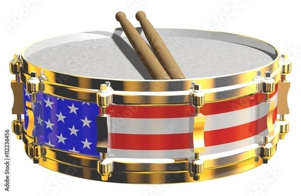 Fototapeta Gleaming 3D rendered snare drum with US flag design, isolated on a white background