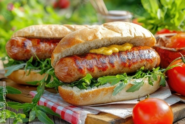 Fototapeta High Definition View of Bockwurst with Bun and Mustard, High Detail, 8K