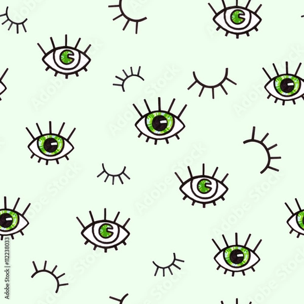Fototapeta Seamless pattern with eyes on a green background. Bohemian style background for design. Abstract print of open and close eyes. Handwork drawing. Visual art direction