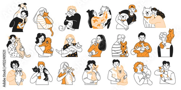 Fototapeta Happy owners embracing beloved pets color linear icons collection. People hugging cats and dogs expressing love and care on white background