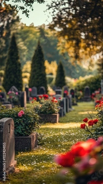 Fototapeta A serene cemetery pathway adorned with flowers and greenery.