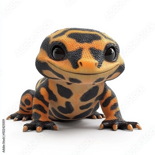 Fototapeta Adorable cartoon style amphibian character with vibrant orange and black patterns, showcasing a playful and friendly expression in a white background setting