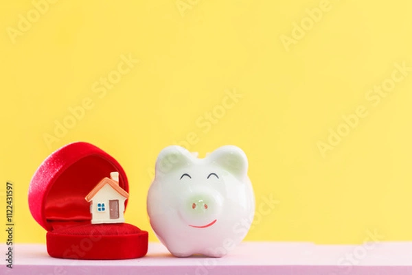 Obraz Piggy bank with saving money for wedding and home model put inside put on the desk in the office, Saves money for family with love and planning for future family development concept.