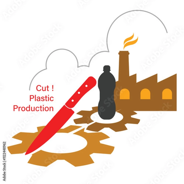 Obraz CutPlasticProduction:Bold imagery of a knife, plastic bottle, and factory gears symbolizes the urgent need to cut plastic production, highlighting its industrial roots and environmental harm.