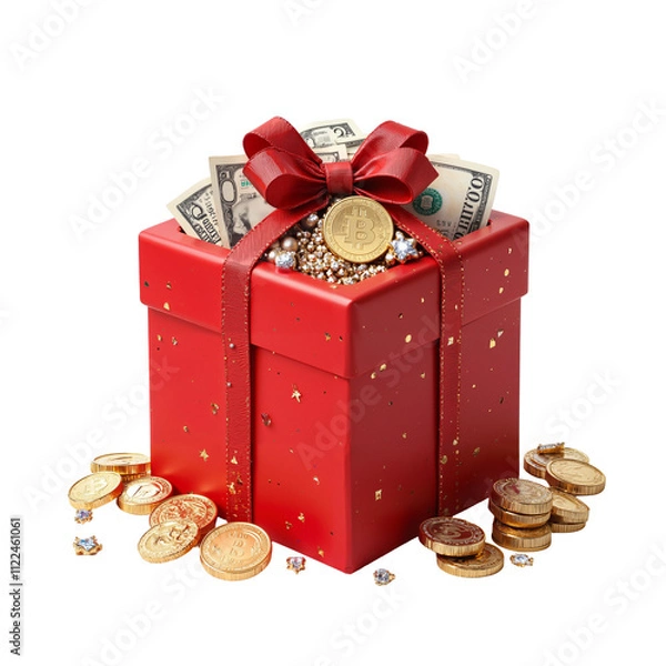 Obraz red gift box with gold coins and cash