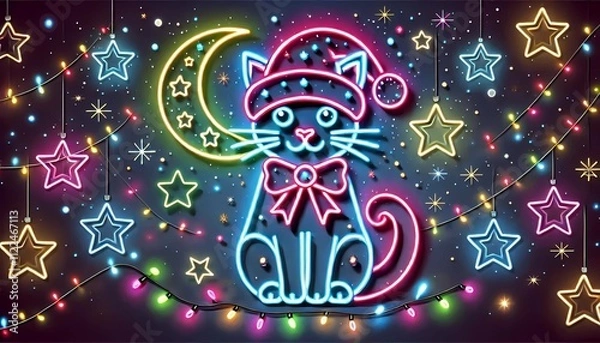 Fototapeta Colorful neon background in the shape of a cat wearing a Christmas hat.