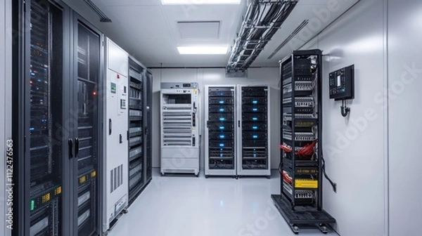 Obraz telecom equipment room filled with rows of servers, network switches, and cooling systems, with cables organized neatly and LED lights indicating active equipment