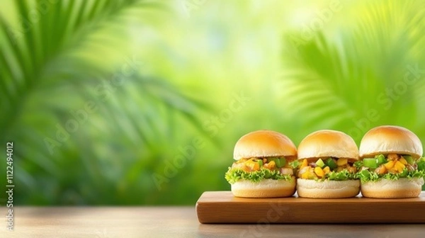Fototapeta Three delicious sliders with fresh greens and toppings, set against a vibrant, tropical background.