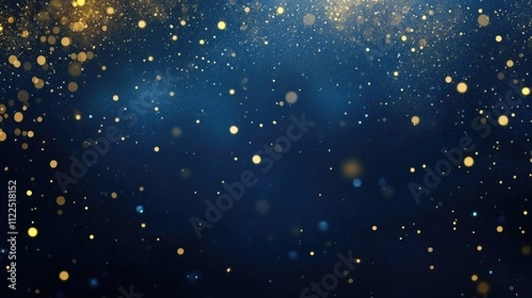 Fototapeta Abstract background with gold stars, particles and sparkling on navy blue. Christmas Golden light shine particles bokeh on navy blue background. 2024 New year background. Gold foil texture